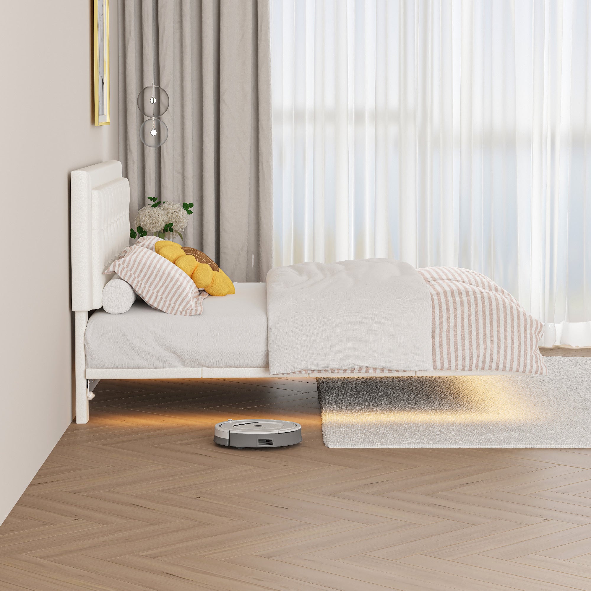 Queen Size Floating Bed Frame with Motion Activated Night Lights,Modern PU Upholstered Button Tufted Platform Bed Frame,White - Atlantic Fine Furniture Melbourne FL