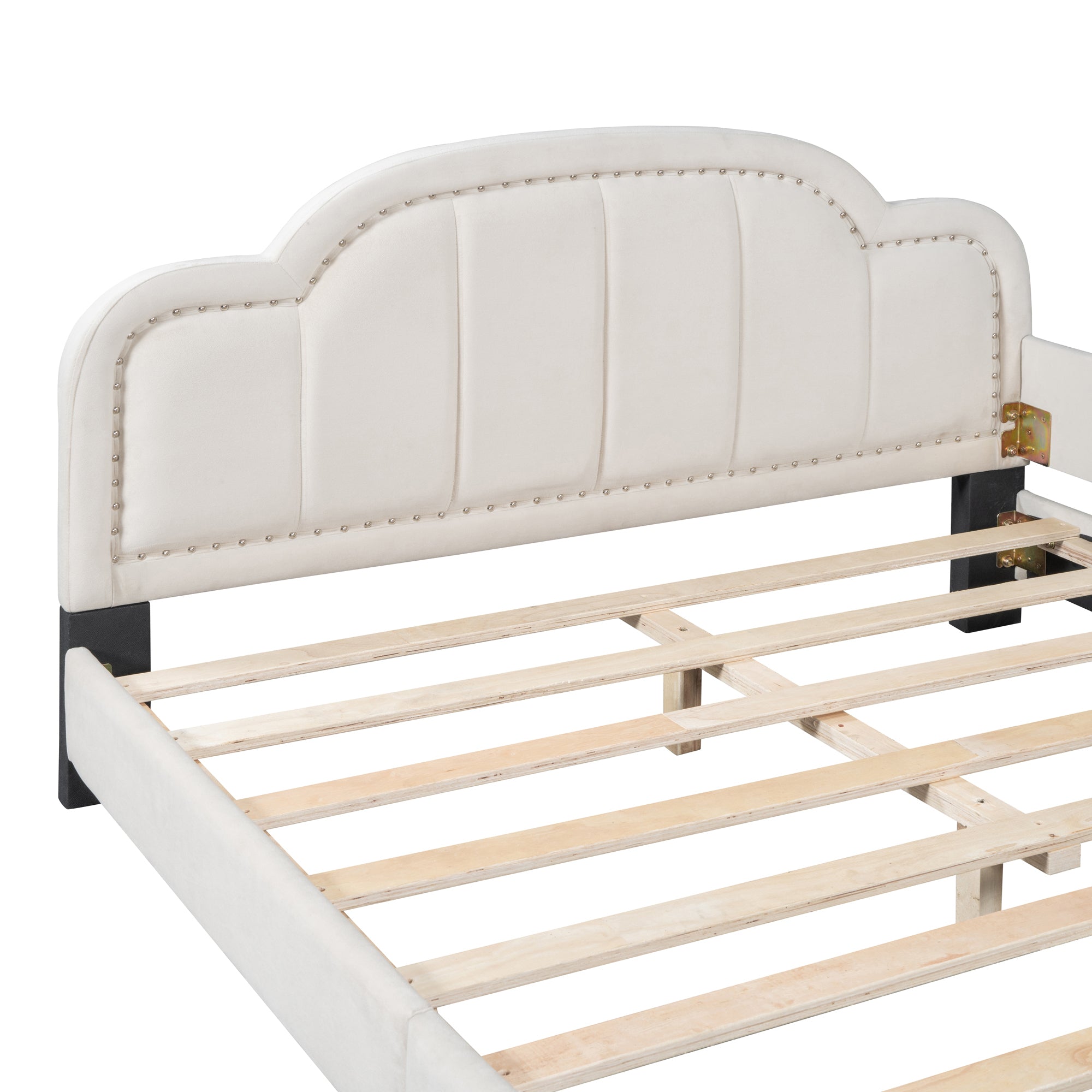 Full Size Upholstered Daybed with Cloud Shaped Headboard, Embedded Elegant Copper Nail Design, Beige - Atlantic Fine Furniture Melbourne FL