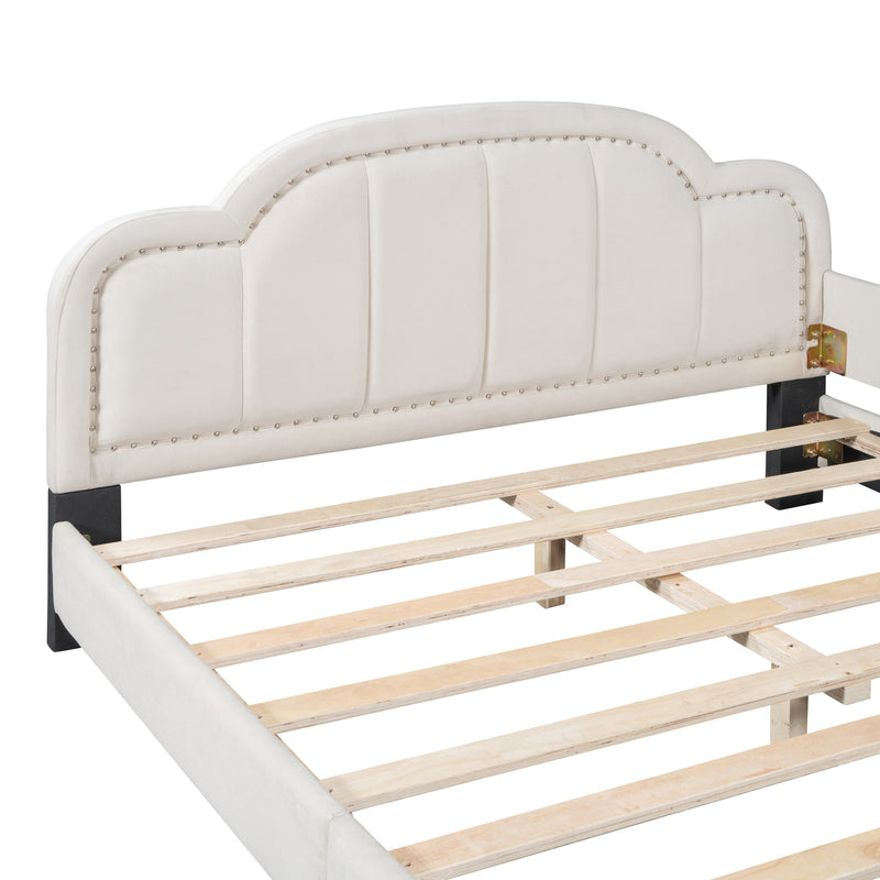 Full Size Upholstered Daybed with Cloud Shaped Headboard, Embedded Elegant Copper Nail Design, Beige