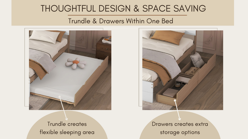 Modern Full Bed Frame With Twin Size Trundle And 2 Drawers For White High Gloss With Light Oak Color