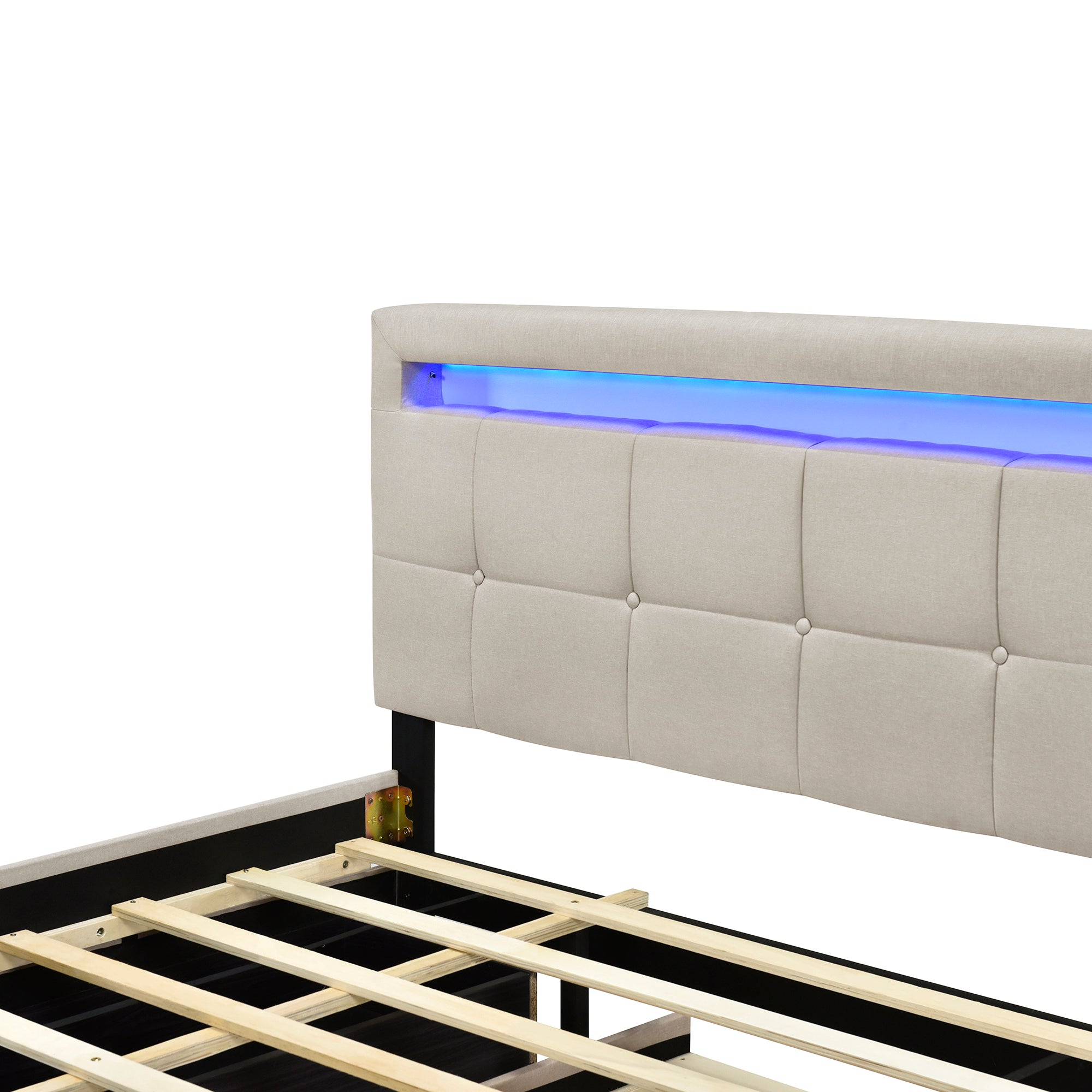 Queen Size Upholstered Platform Bed with LED Frame, with Twin XL Size Trundle and 2 drawers, Linen Fabric, Beige - Atlantic Fine Furniture Melbourne FL