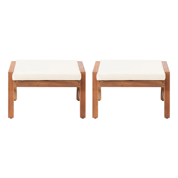 Acacia Wood Outdoor Ottomans With Cushion, (Set of 2)