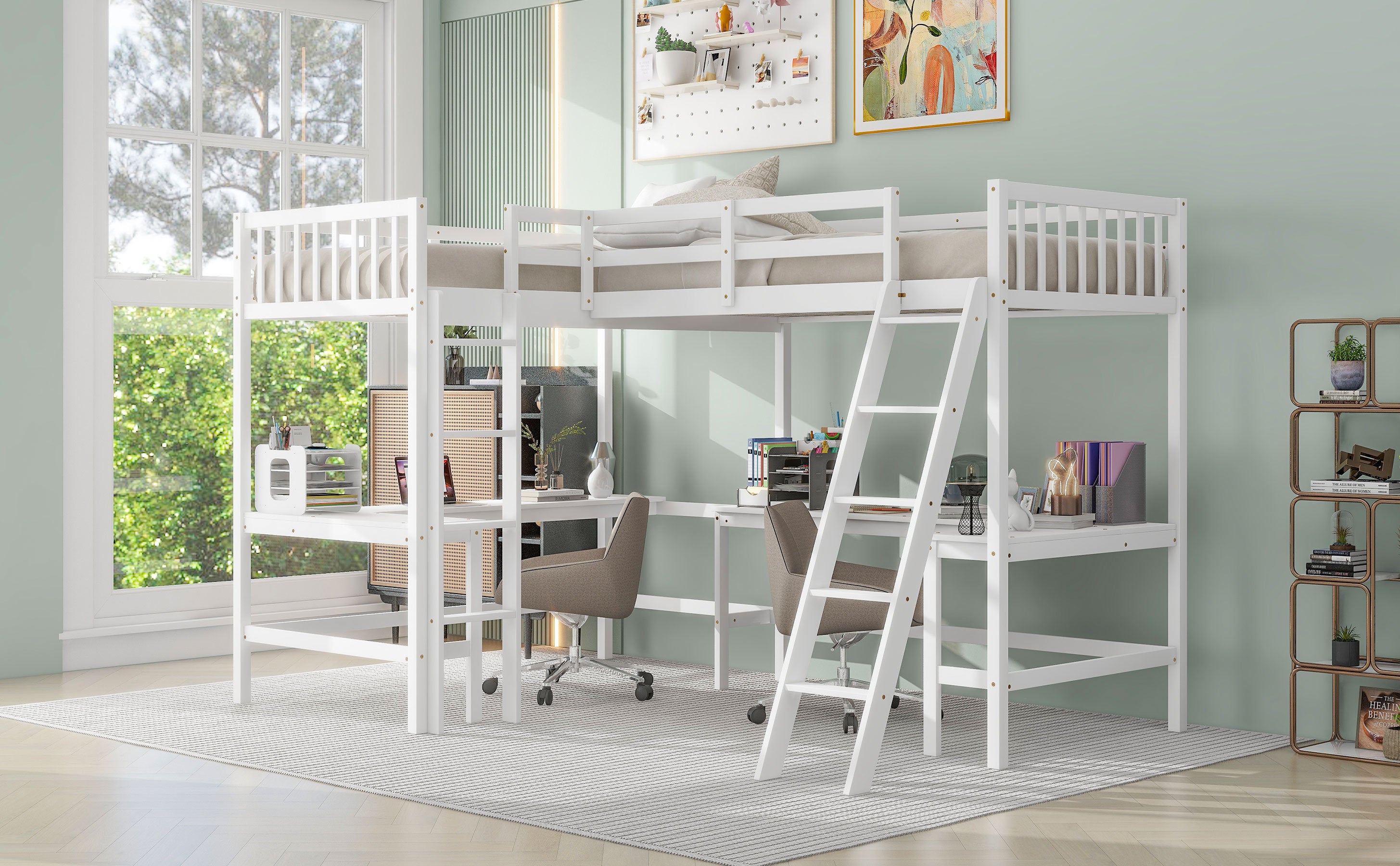 Wood Twin Size L-Shaped Loft Bed with Ladder and 2 Built-in L-Shaped Desks, White - Atlantic Fine Furniture Melbourne FL