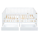 Daybed With Fence Guardrails And 2 Drawers, Split Into Independent Floor Bed & Daybed