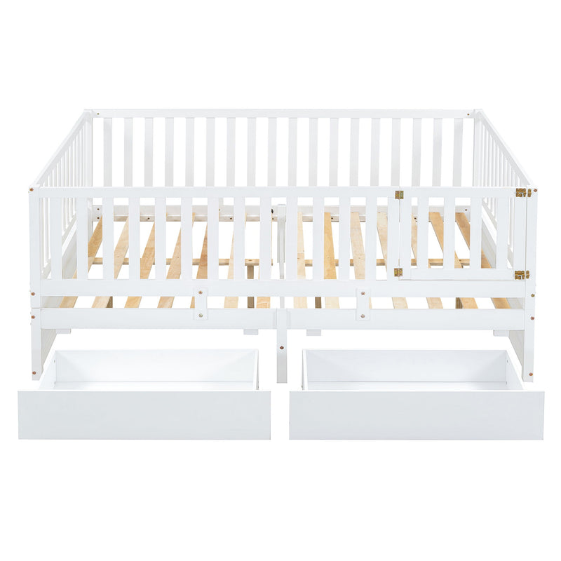 Daybed With Fence Guardrails And 2 Drawers, Split Into Independent Floor Bed & Daybed