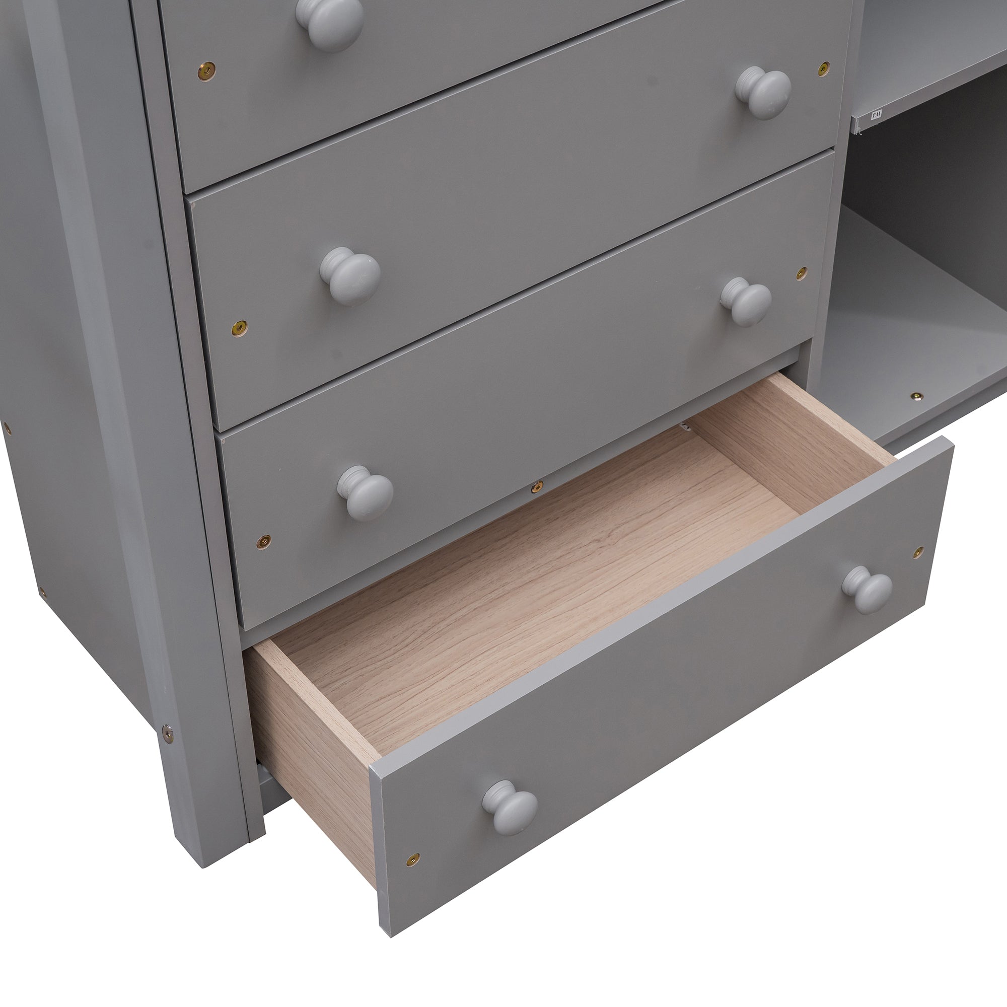 Wooden Twin Over Full Bunk Bed With Six Drawers And Flexible Shelves,Bottom Bed With Wheels,Gray(OLD SKU:LP000531AAE) - Atlantic Fine Furniture Melbourne FL