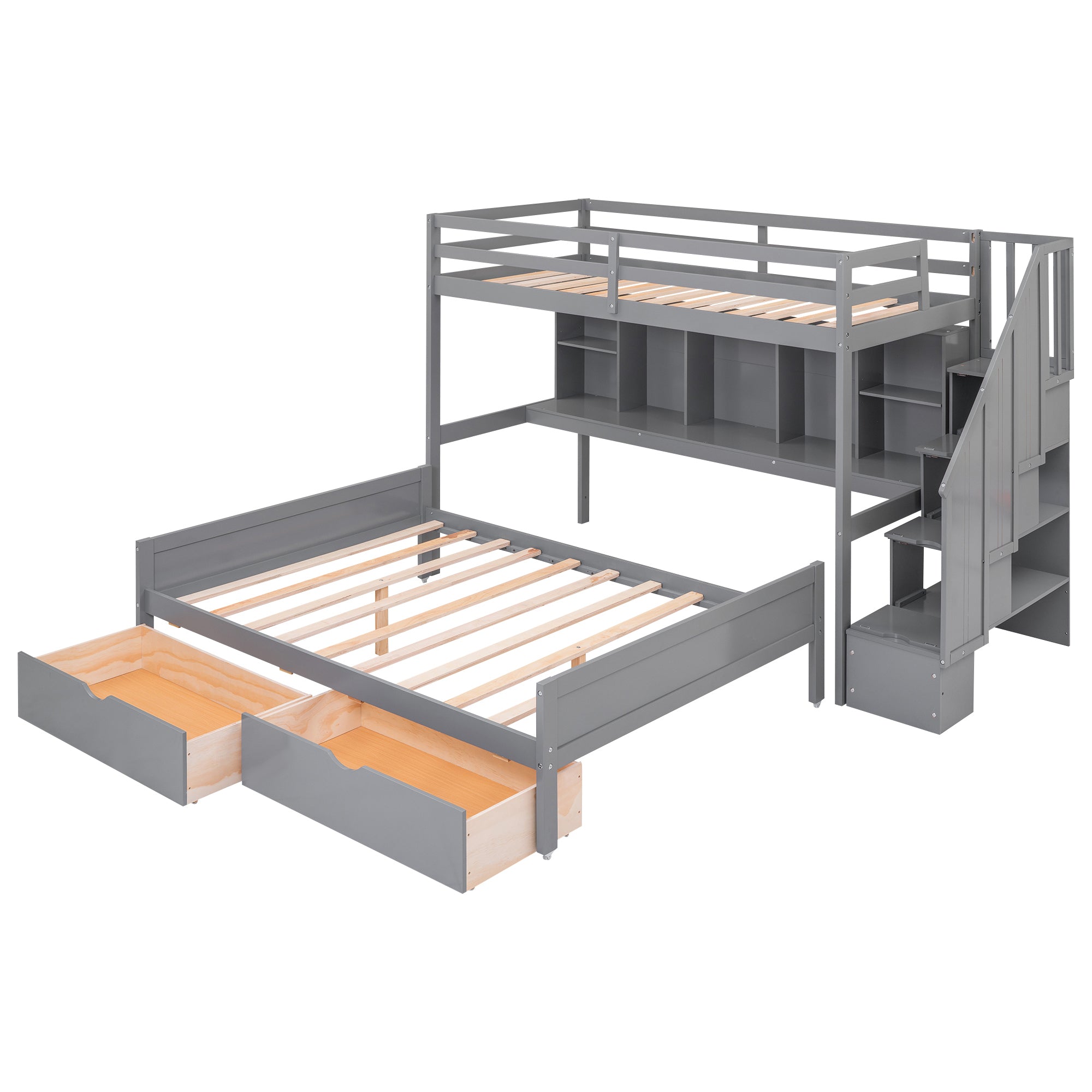 Twin XL over Full Bunk Bed with Built-in Storage Shelves, Drawers and Staircase,Gray - Atlantic Fine Furniture Melbourne FL