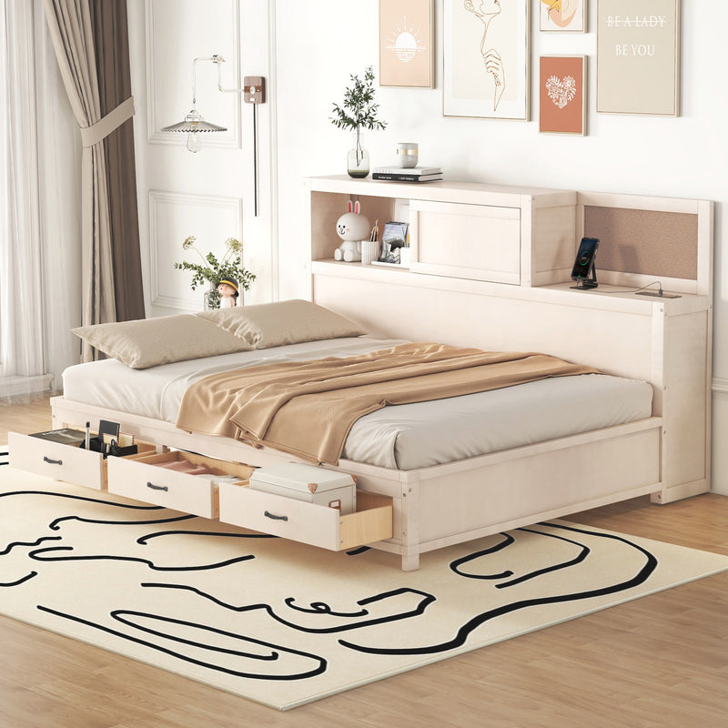 Full Size Wooden Daybed with 3 Storage Drawers, Upper Soft Board, shelf, and a set of Sockets and USB Ports, White