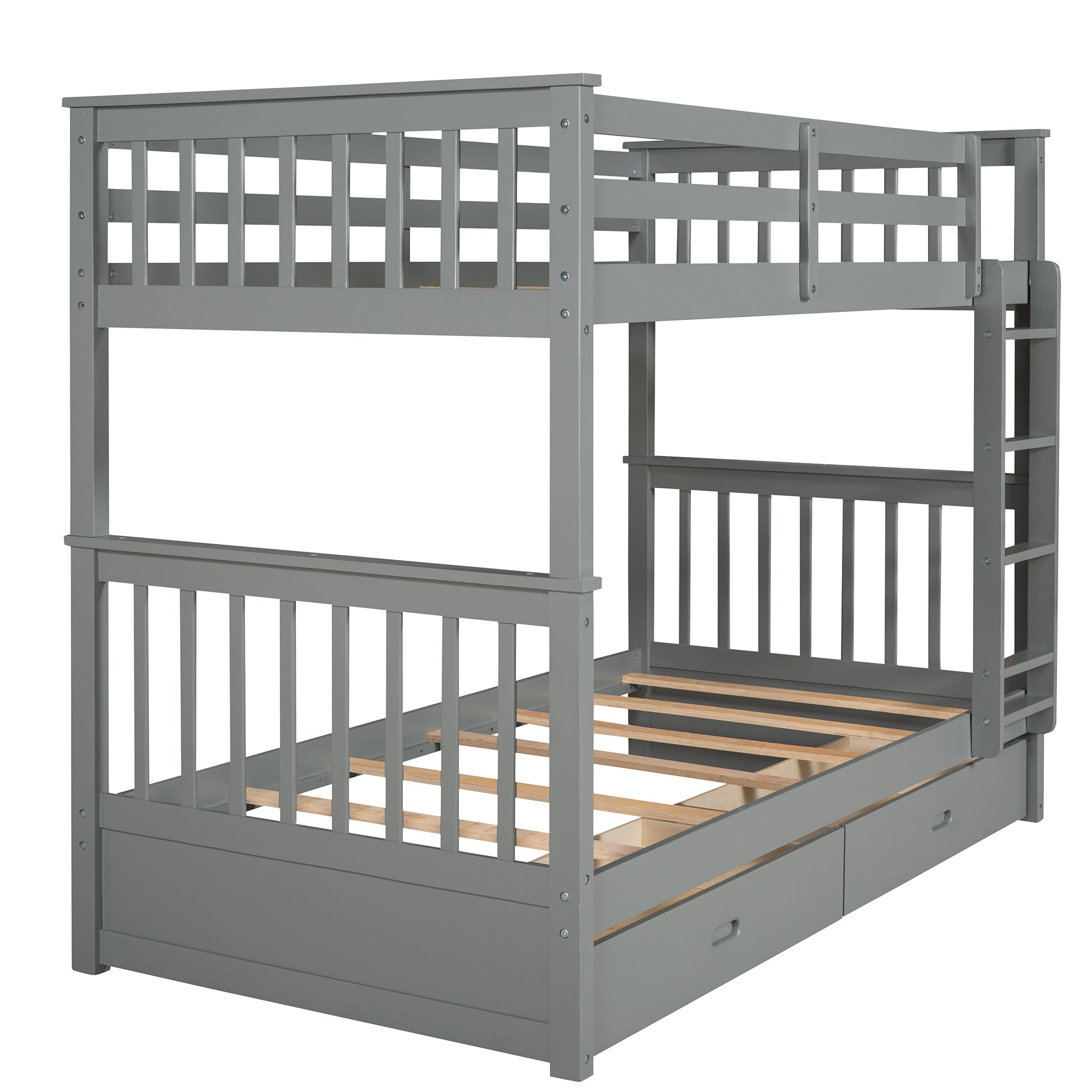 Twin-Over-Twin Bunk Bed with Ladders and Two Storage Drawers (Gray)(LT000265AAE) - Atlantic Fine Furniture Melbourne FL