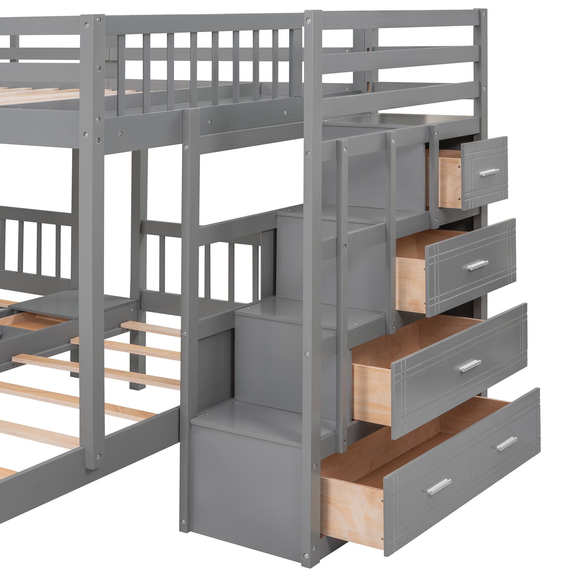 Full Over Twin & Twin Bunk Bed, Wood Triple Bunk Bed with Drawers and Guardrails (Gray) - Atlantic Fine Furniture Melbourne FL