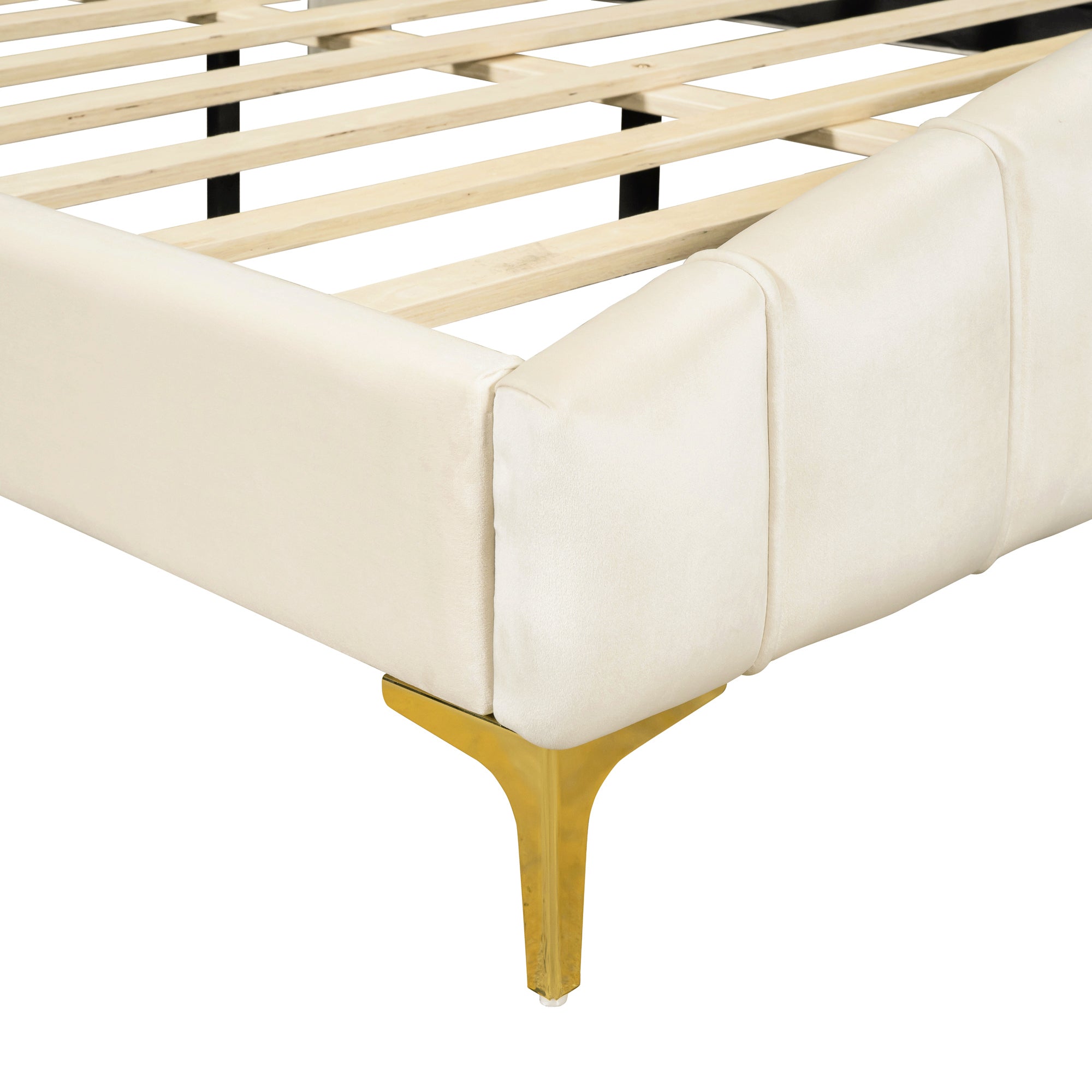 Queen Size Velvet Platform Bed with Thick Fabric, Stylish Stripe Decorated Bedboard and Elegant Metal Bed Leg, Beige - Atlantic Fine Furniture Melbourne FL