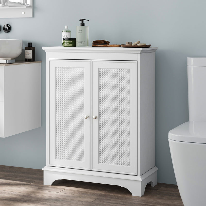 White 2 Door Rattan Storage Cabinet With Adjustable Partition, Medieval Modern Independent Buffet Cabinet, Multifunctional Decorative Cabinet Suitable For Living Room, Kitchen, Bathroom - White