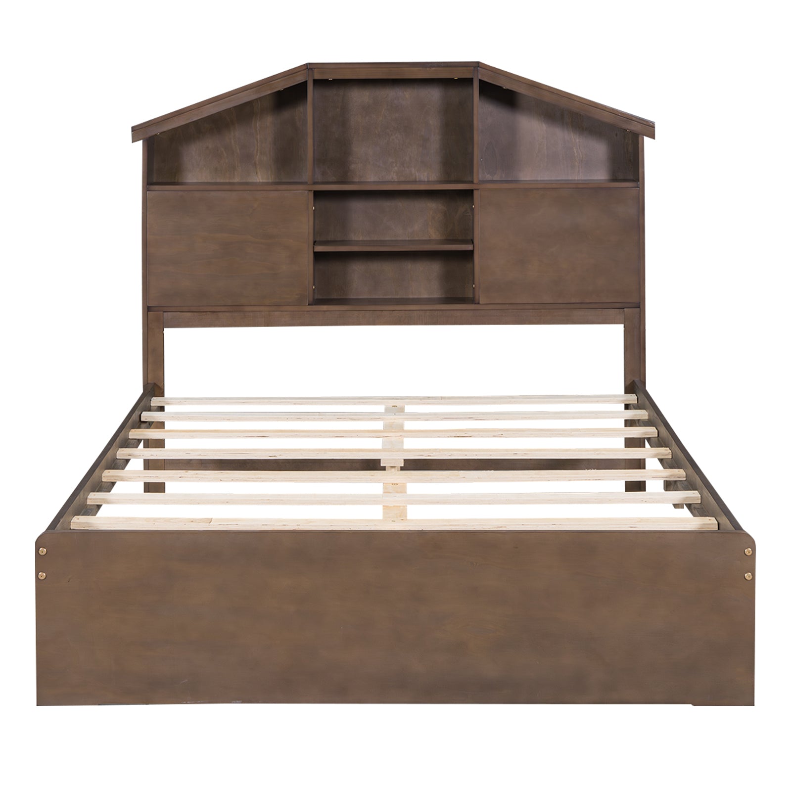 Full Size Wood Platform Bed with House-shaped Storage Headboard and 2 Drawers, Walnut - Atlantic Fine Furniture Melbourne FL