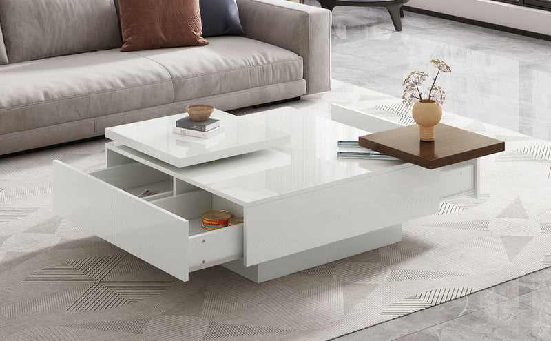 Movable Square Top Coffee Table With 4 Hidden Storage Drawers