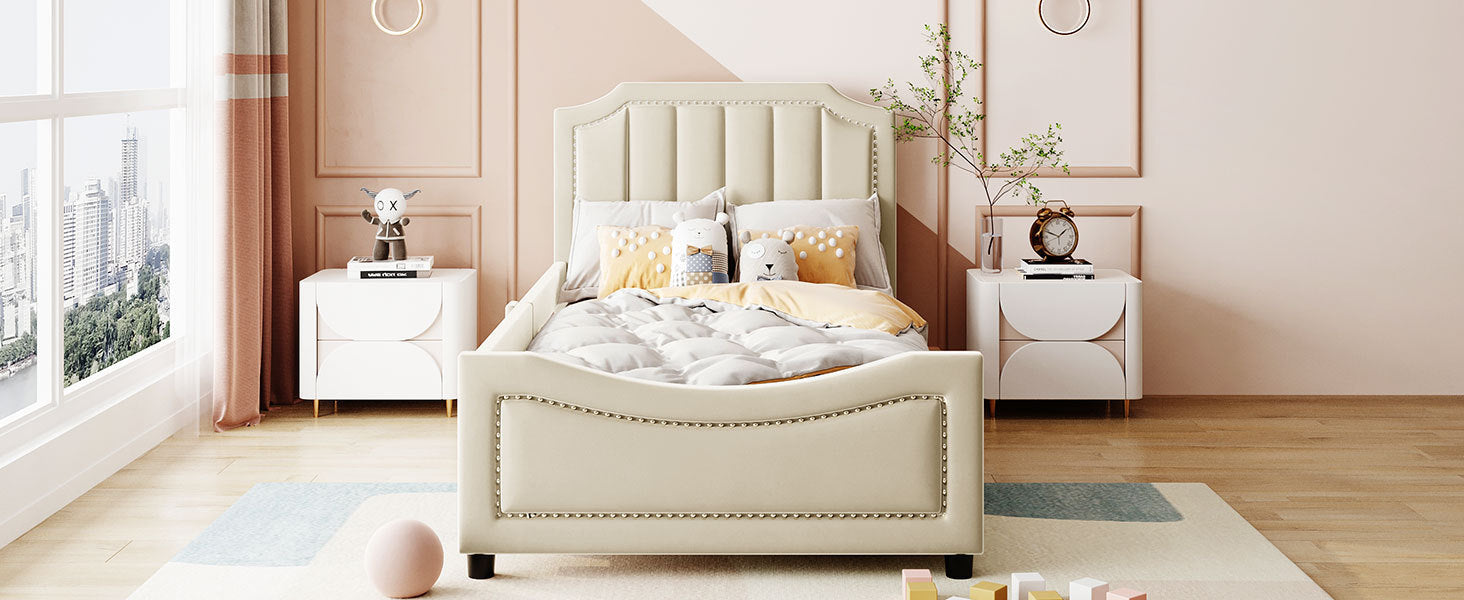Twin Size Upholstered Daybed with Classic Stripe Shaped  Headboard, Beige - Atlantic Fine Furniture Melbourne FL