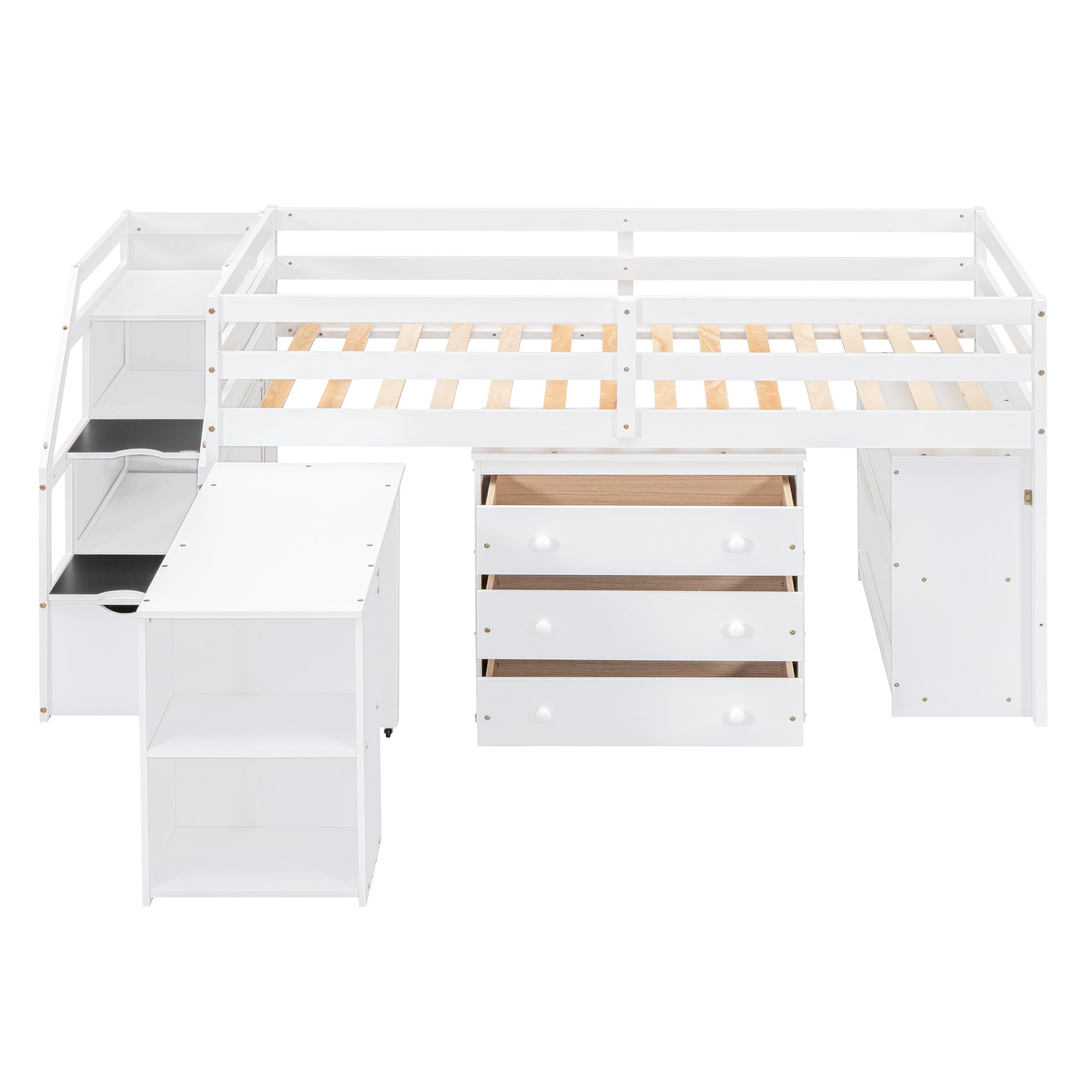 Twin Size Loft Bed with Retractable Writing Desk and 3 Drawers, Wooden Loft Bed with Storage Stairs and Shelves, White - Atlantic Fine Furniture Melbourne FL