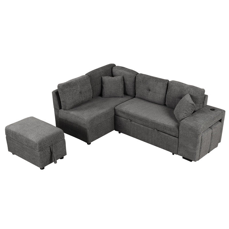 Convertible Sleeper, Sectional Pull Out Sofa Bed With Storage Ottoman, 2 Throw Pillows, 2 Stools, Wireless Charger And Two Hidden USB Ports For Living Room