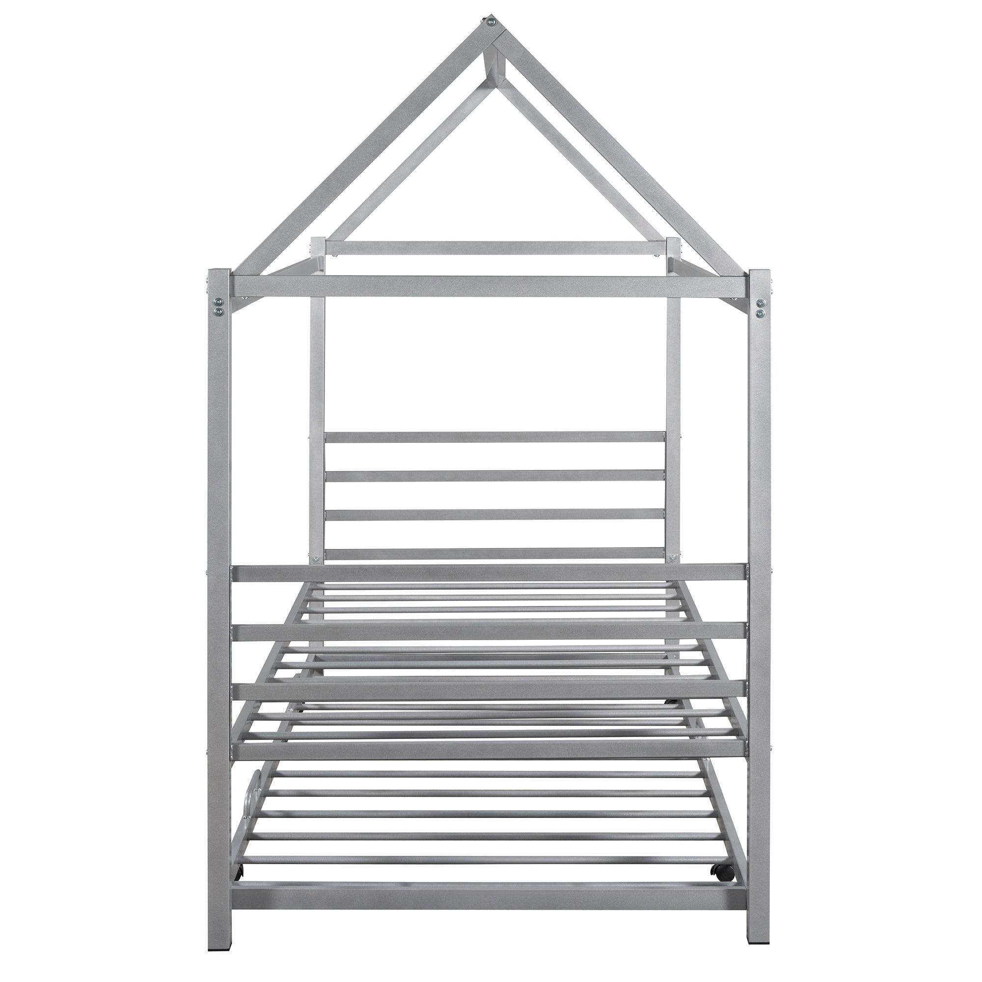 Twin Size Metal House Shape Platform Bed with Trundle,Silver - Atlantic Fine Furniture Melbourne FL