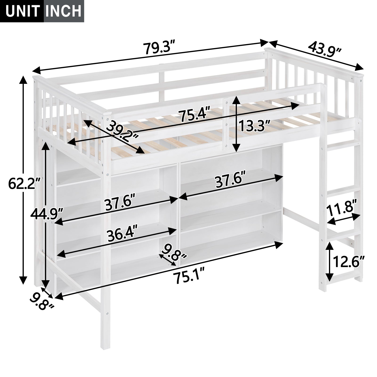 Twin Size Loft Bed with 8 Open Storage Shelves and Built-in Ladder, White - Atlantic Fine Furniture Melbourne FL