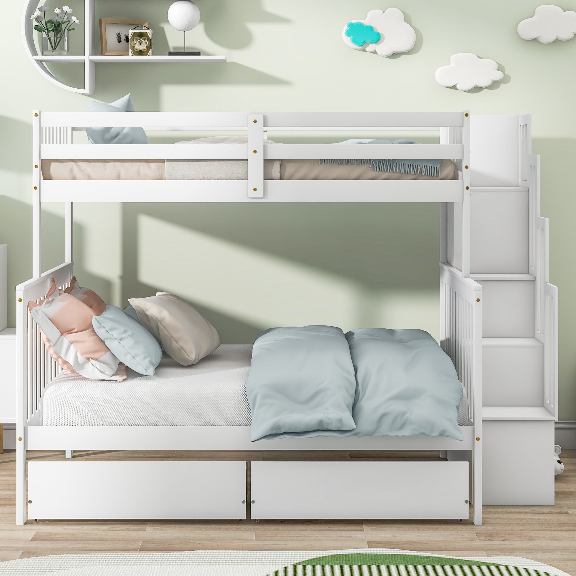 Twin Over Full Bunk Bed with 2 Drawers and Staircases, Convertible into 2 Beds, the Bunk Bed with Staircase and Safety Rails for Kids, Teens, Adults, White - Atlantic Fine Furniture Melbourne FL