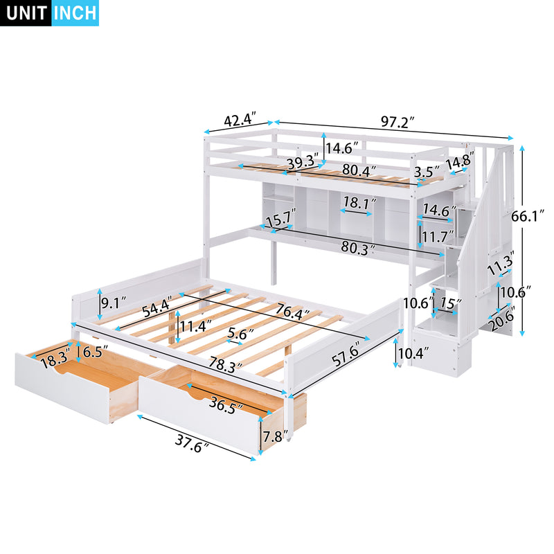 Twin XL over Full Bunk Bed with Built-in Storage Shelves, Drawers and Staircase,White