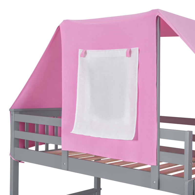 Twin Over Twin Bunk Bed Wood Bed with Tent and Drawers, Gray+Pink Tent