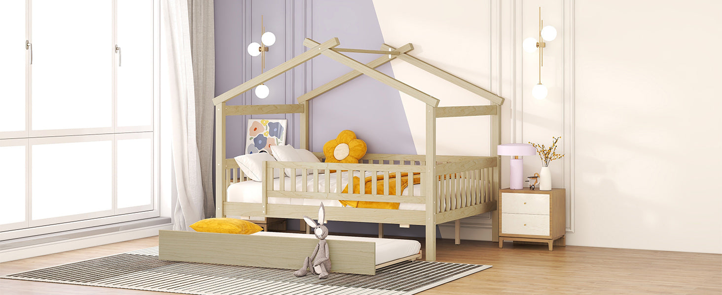 Full Size Wooden House Bed with Twin Size Trundle, Natural - Atlantic Fine Furniture Melbourne FL