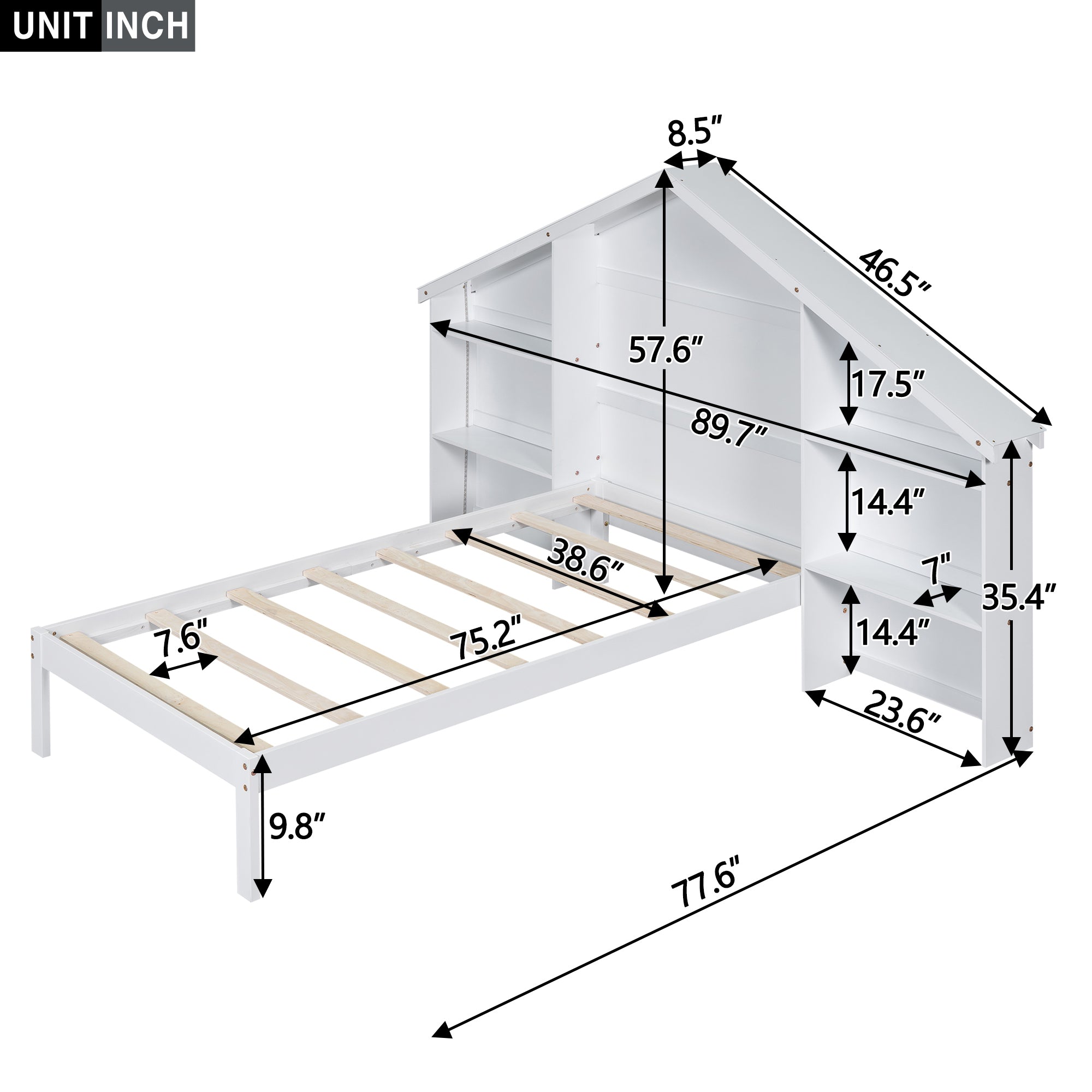 Wood Twin Size Platform Bed with House-shaped Storage Headboard and Built-in LED, White - Atlantic Fine Furniture Melbourne FL