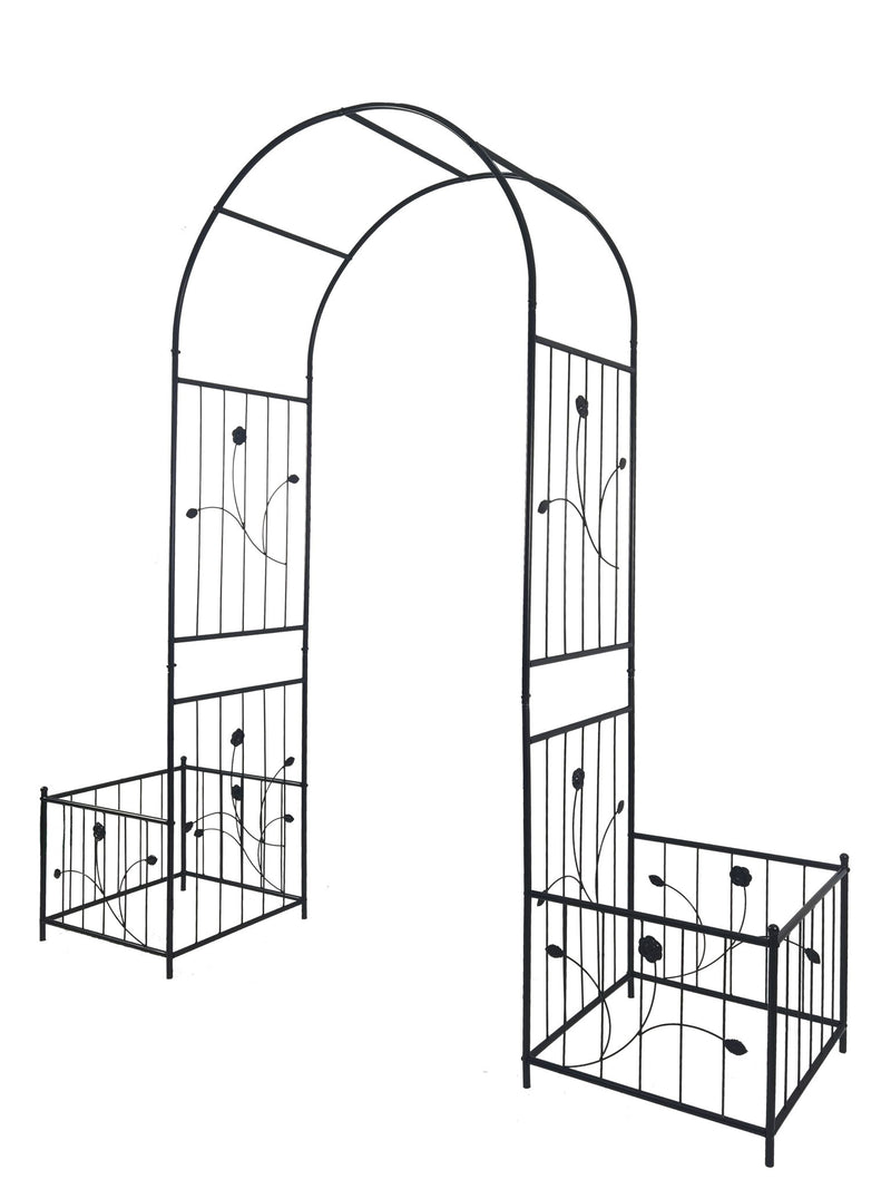 Metal Garden Arch With Two Plant Stands Wide High Climbing Plants Support Rose Arch Outdoor - Black