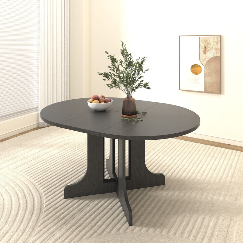 Dining Table For Farmhouse Kitchen Expandable Oval Table Top With Removable Leaf Trestle X Shaped Base - Black