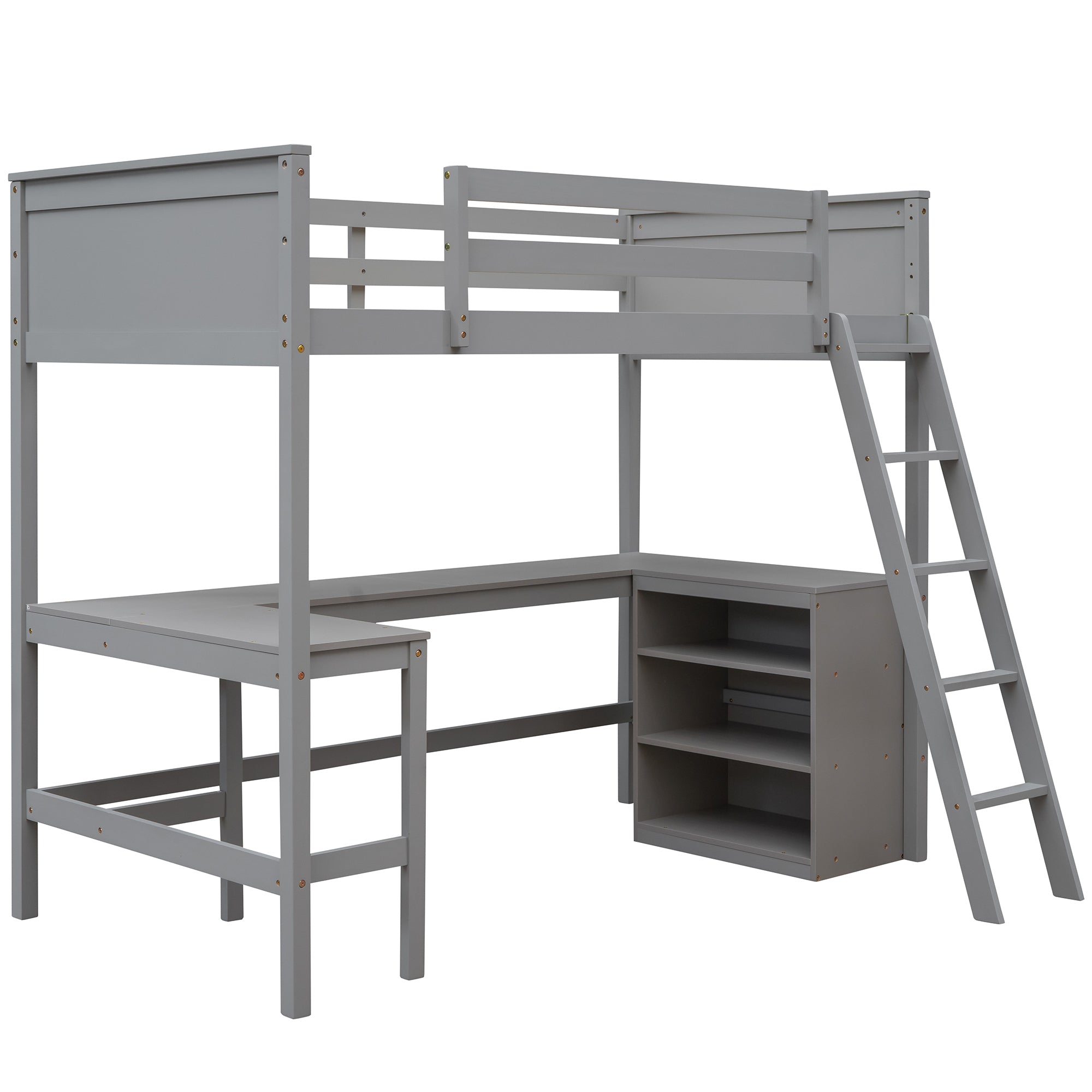 Twin size Loft Bed with Shelves and Desk, Wooden Loft Bed with Desk - Gray(OLD SKU:LT000537AAE) - Atlantic Fine Furniture Melbourne FL