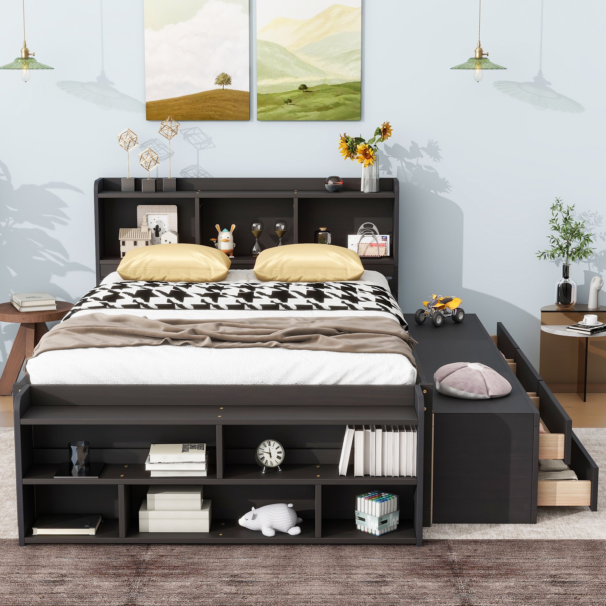 Full Bed with Bookcase Headboard, Under bed Storage Drawers and Bed End Storage Case,Espresso