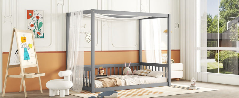 Canopy Frame Floor Bed With Fence, Guardrails