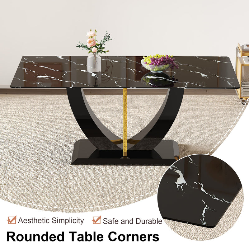 Modern Minimalist Luxurious Imitation Marble Dining Table Rectangular Office Desk With Tempered Glass - Black