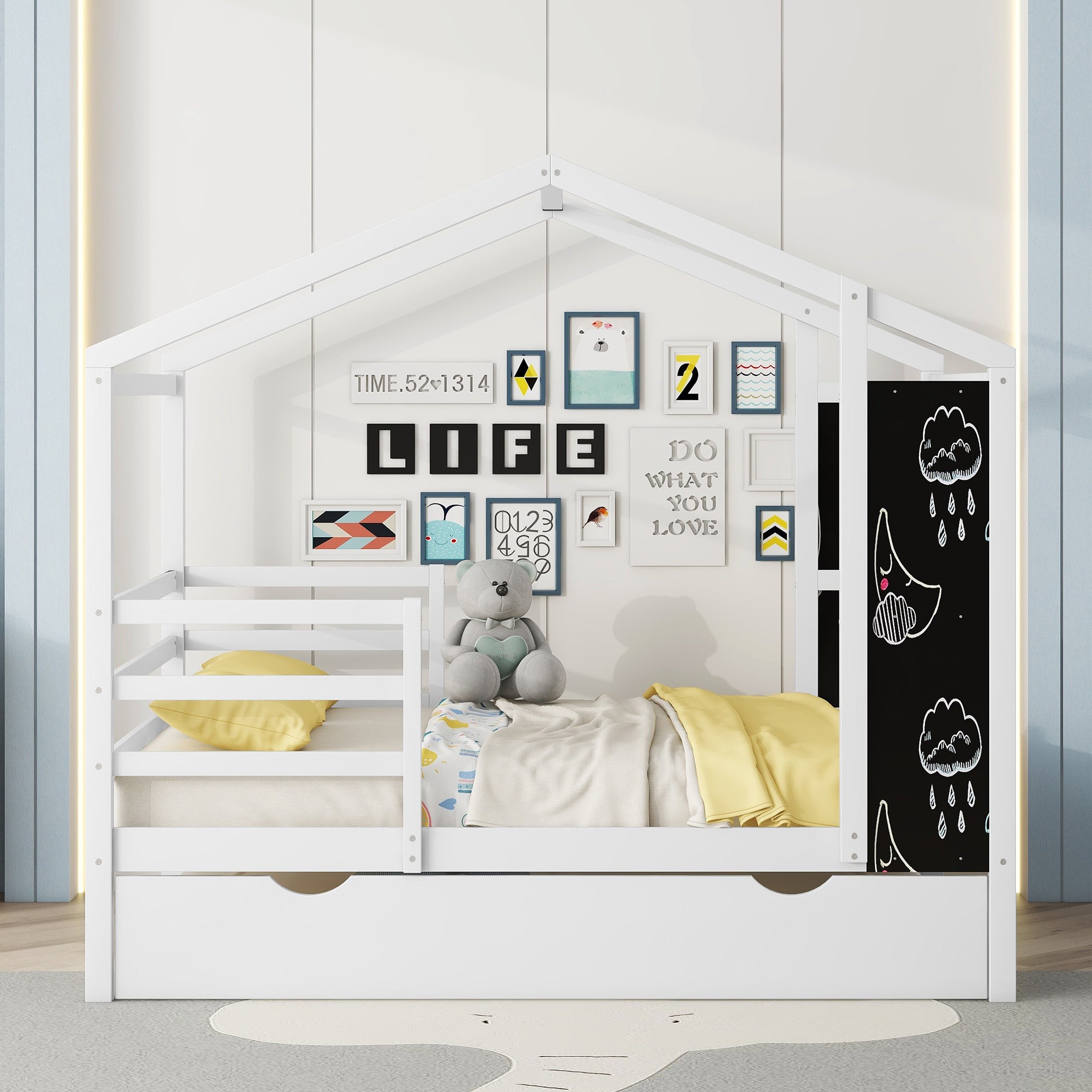 Full Size Wood House Bed with Fence and Writing Board, White - Atlantic Fine Furniture Melbourne FL