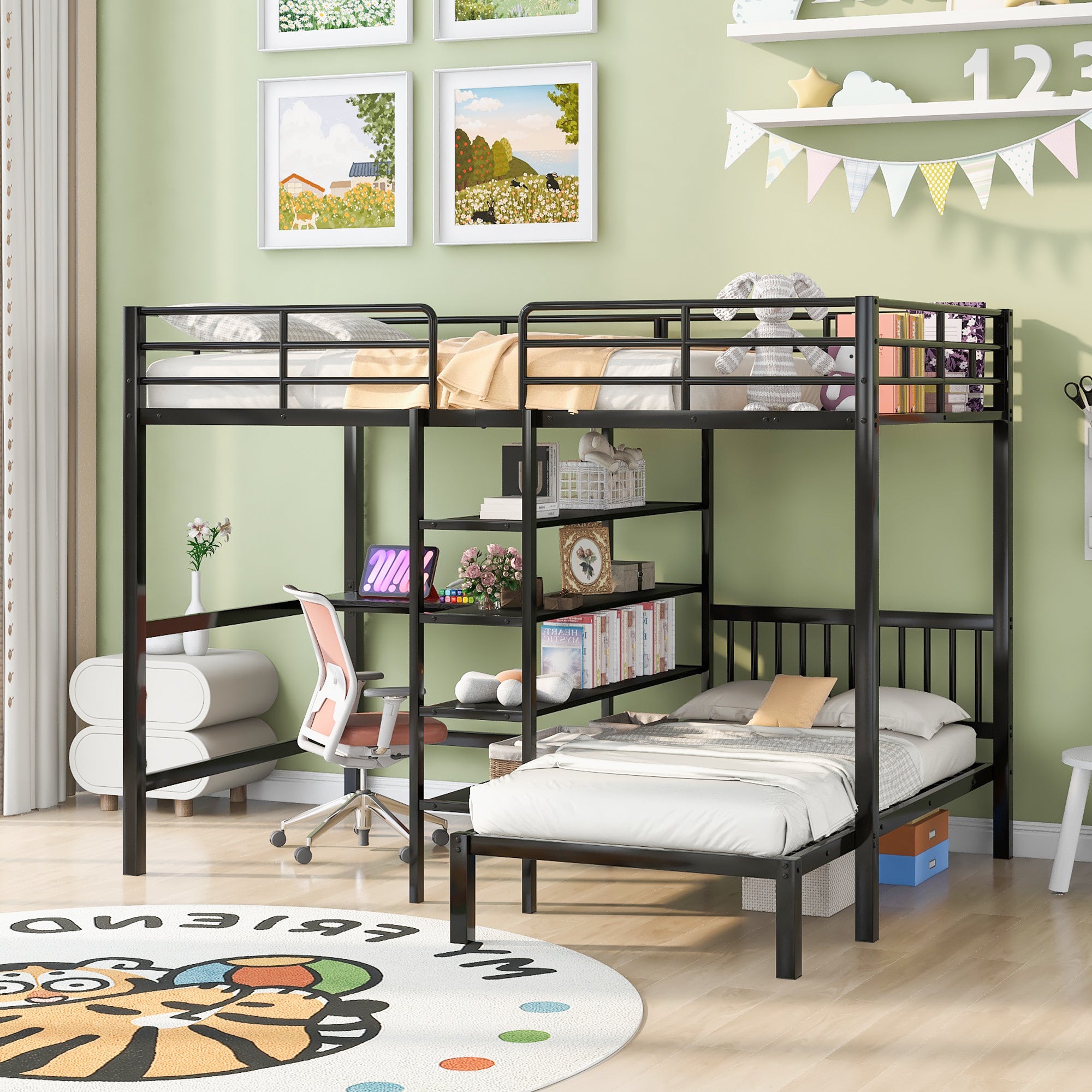 Full Over Twin Metal Bunk Bed with Built-in Desk, Shelves and Ladder, Black - Atlantic Fine Furniture Melbourne FL