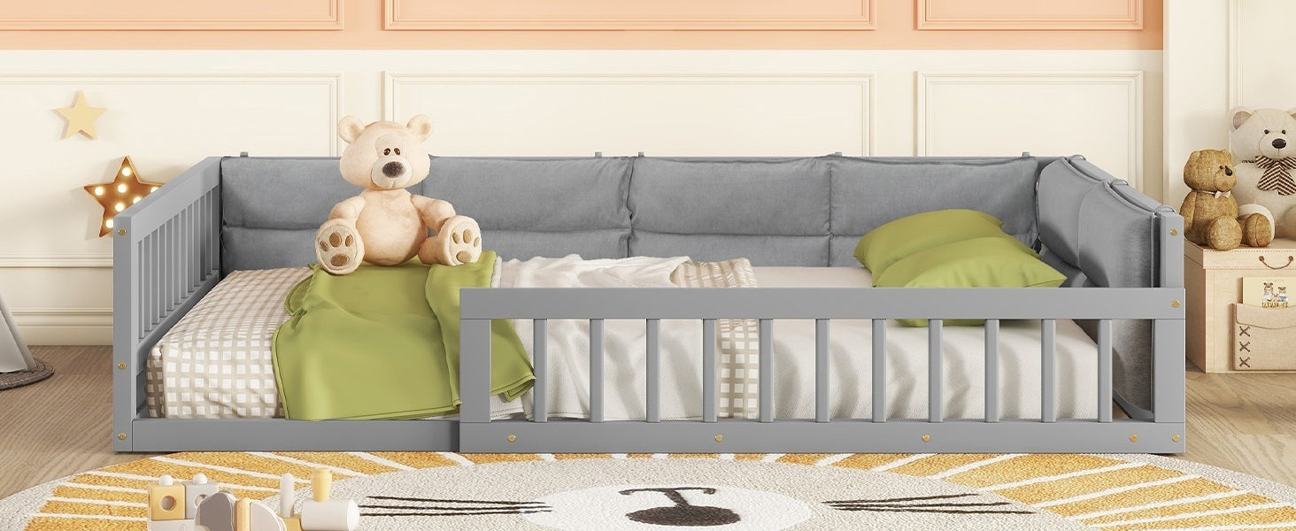 Wood Full Size Upholstered Platform Bed with Guardrail and Pillow, Gray - Atlantic Fine Furniture Melbourne FL