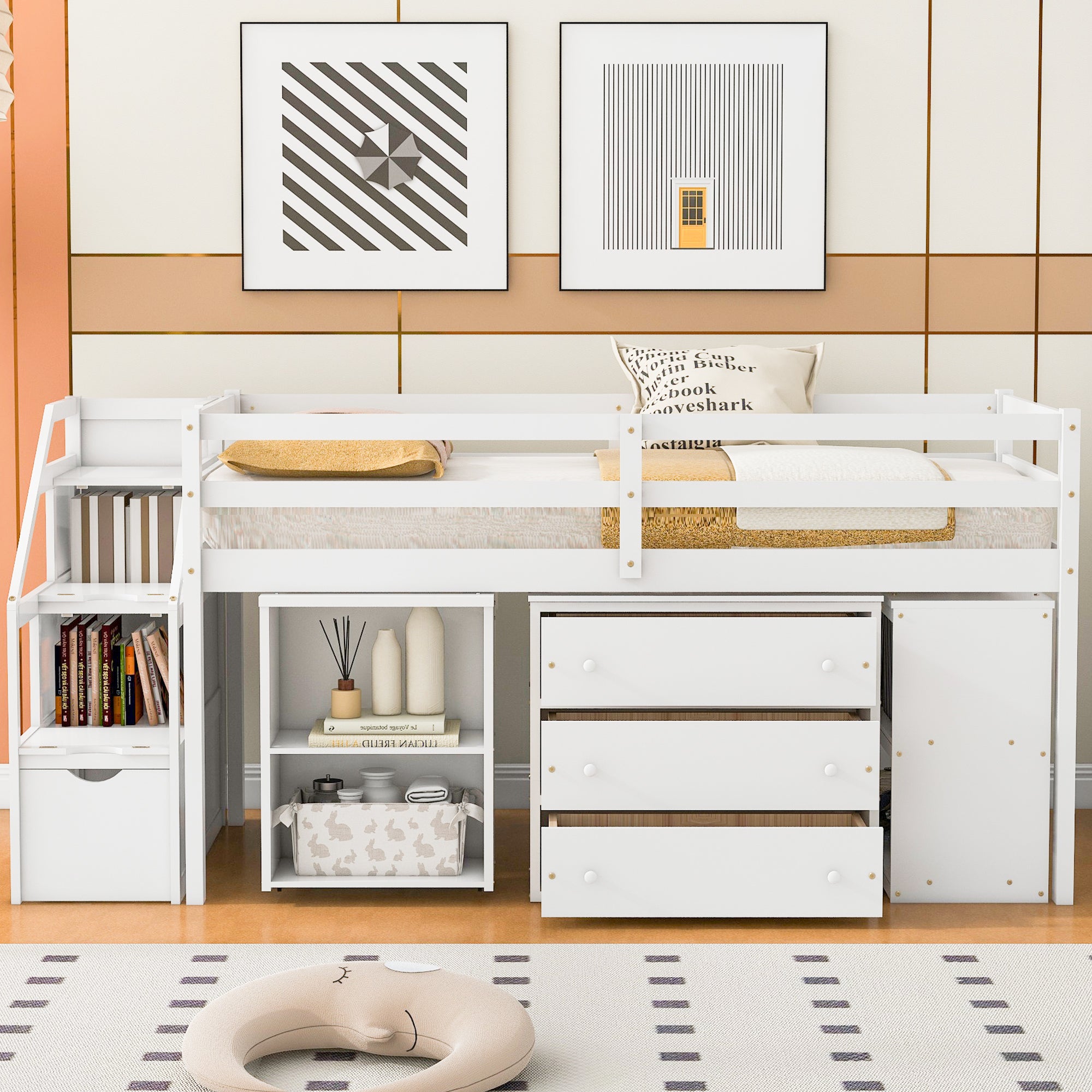 Twin Size Loft Bed with Retractable Writing Desk and 3 Drawers, Wooden Loft Bed with Storage Stairs and Shelves, White - Atlantic Fine Furniture Melbourne FL