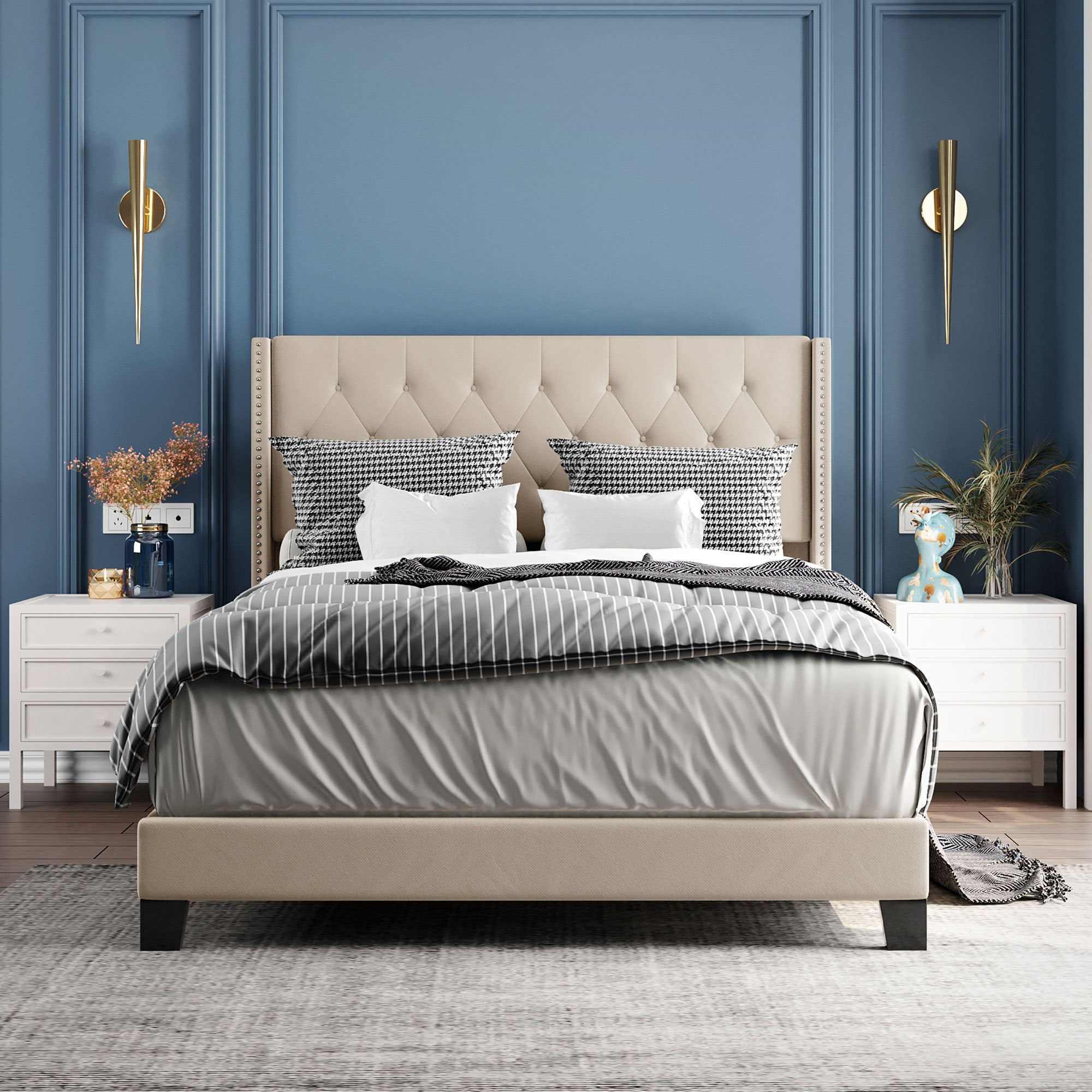 Upholstered Platform Bed with Classic Headboard, Box Spring Needed, Beige Linen Fabric, Queen Size - Atlantic Fine Furniture Melbourne FL