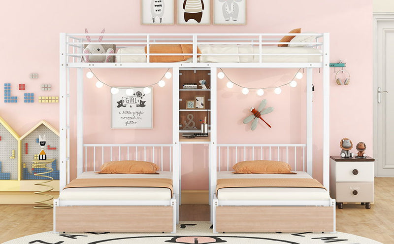 Triple Bunk Bed With Drawers, Multi-Functional Frame With Desks And Shelves In The Middle
