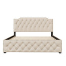 Upholstered Platform Bed With Trundle And 2 Sets Of USB Ports On Each Side, Linen Fabric