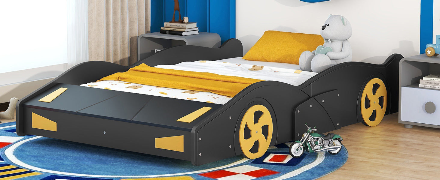 Full Size Race Car-Shaped Platform Bed with Wheels and Storage, Black+Yellow