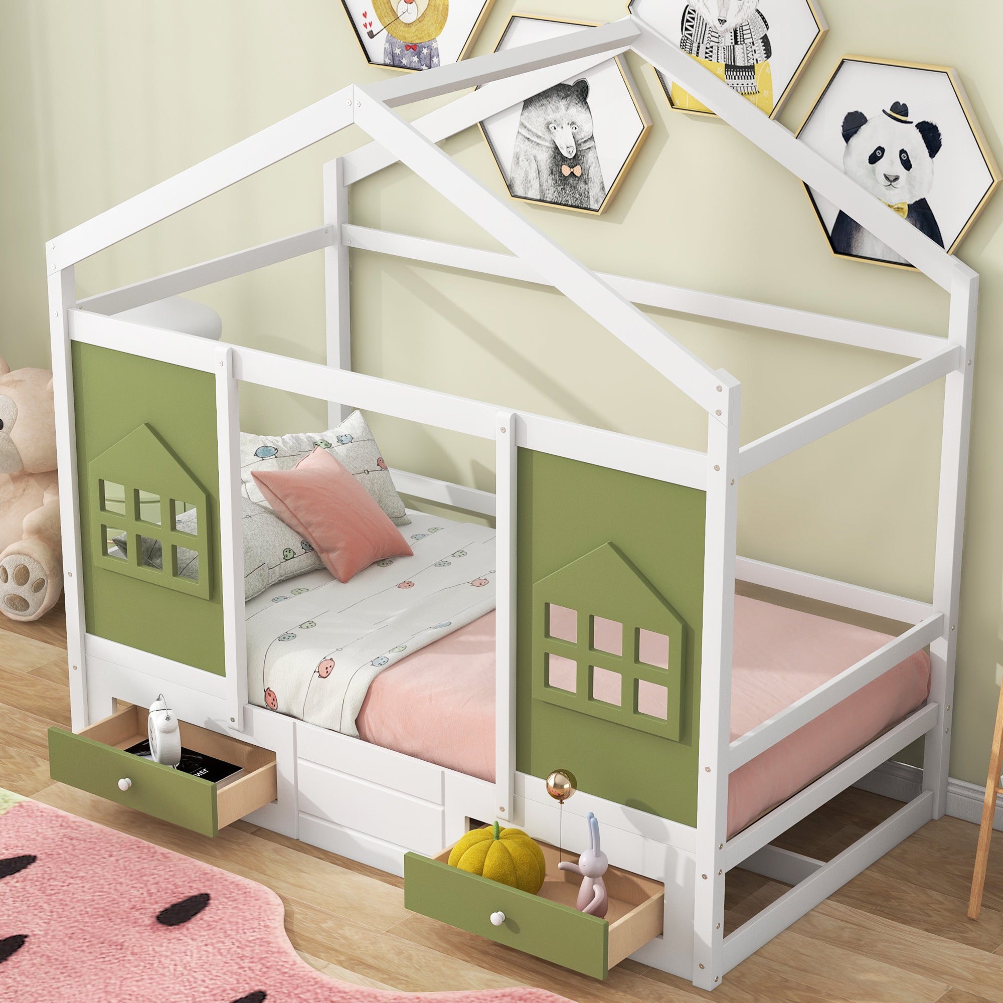Twin Size Wood House Bed with 2 Drawers and Window Decoration, White+Olive Green - Atlantic Fine Furniture Melbourne FL
