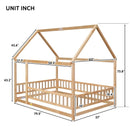 Floor Wooden Bed With House Roof Frame, Fence Guardrails