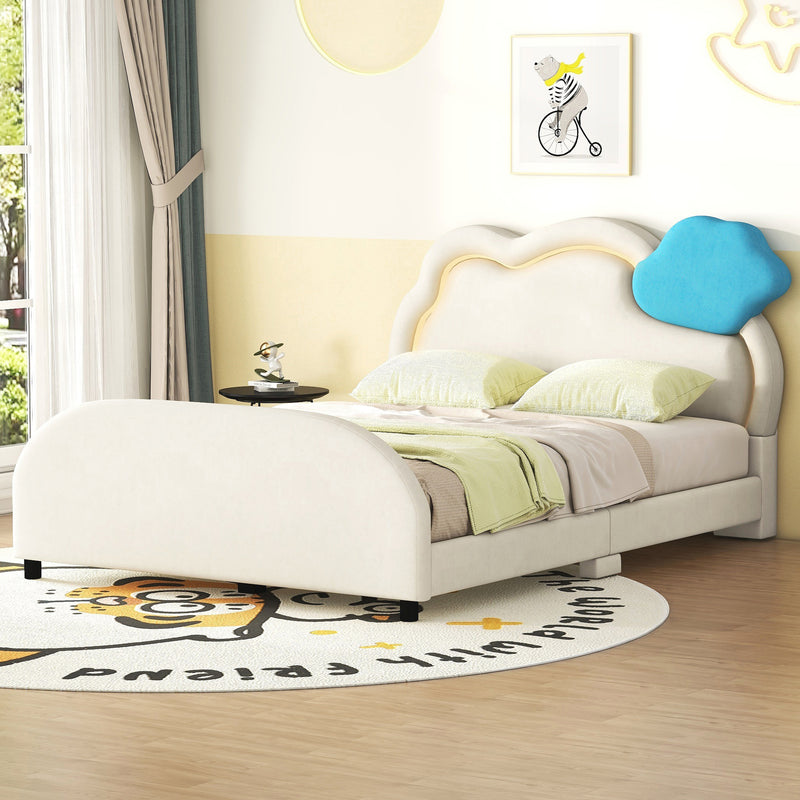 Full Size Upholstered Platform Bed with Cloud-Shaped Headboard and Embedded Light Stripe, Velvet, Beige