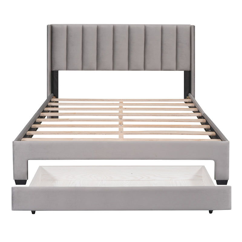 Queen Size Storage Bed Velvet Upholstered Platform Bed with a Big Drawer - Gray