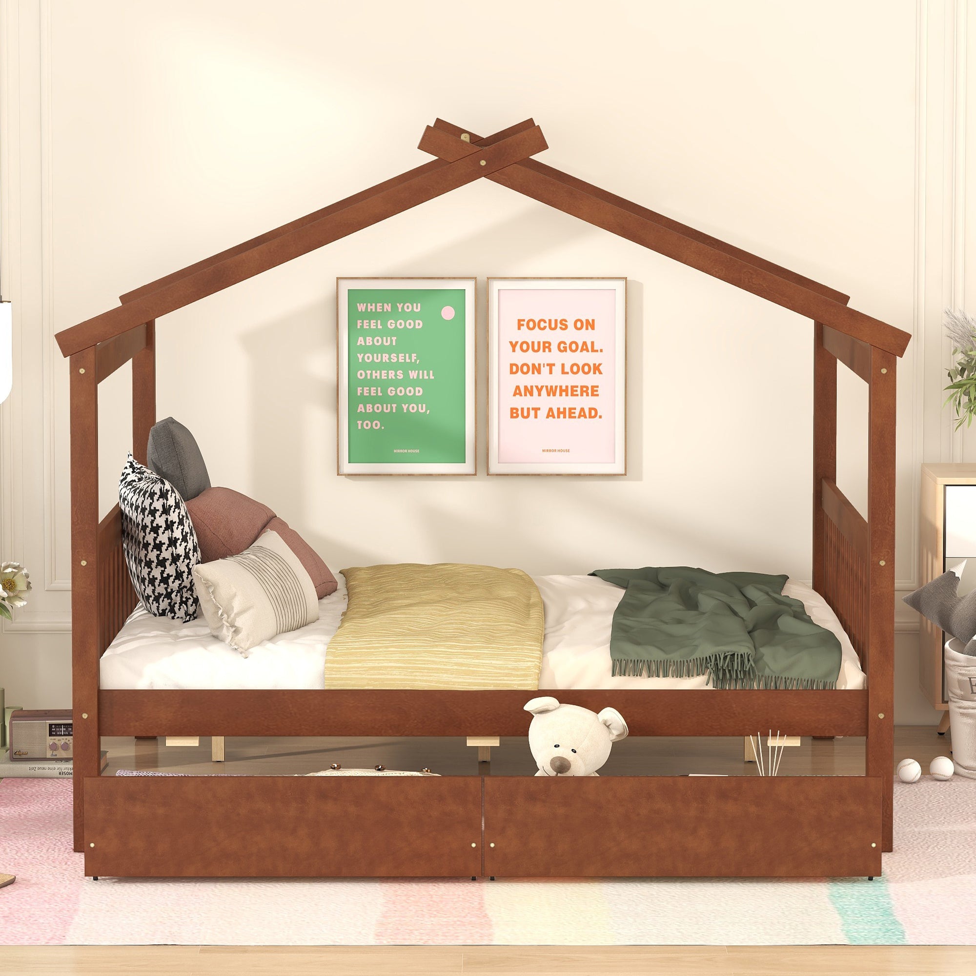 Full Size Wooden House Bed with Drawers, Walnut - Atlantic Fine Furniture Melbourne FL