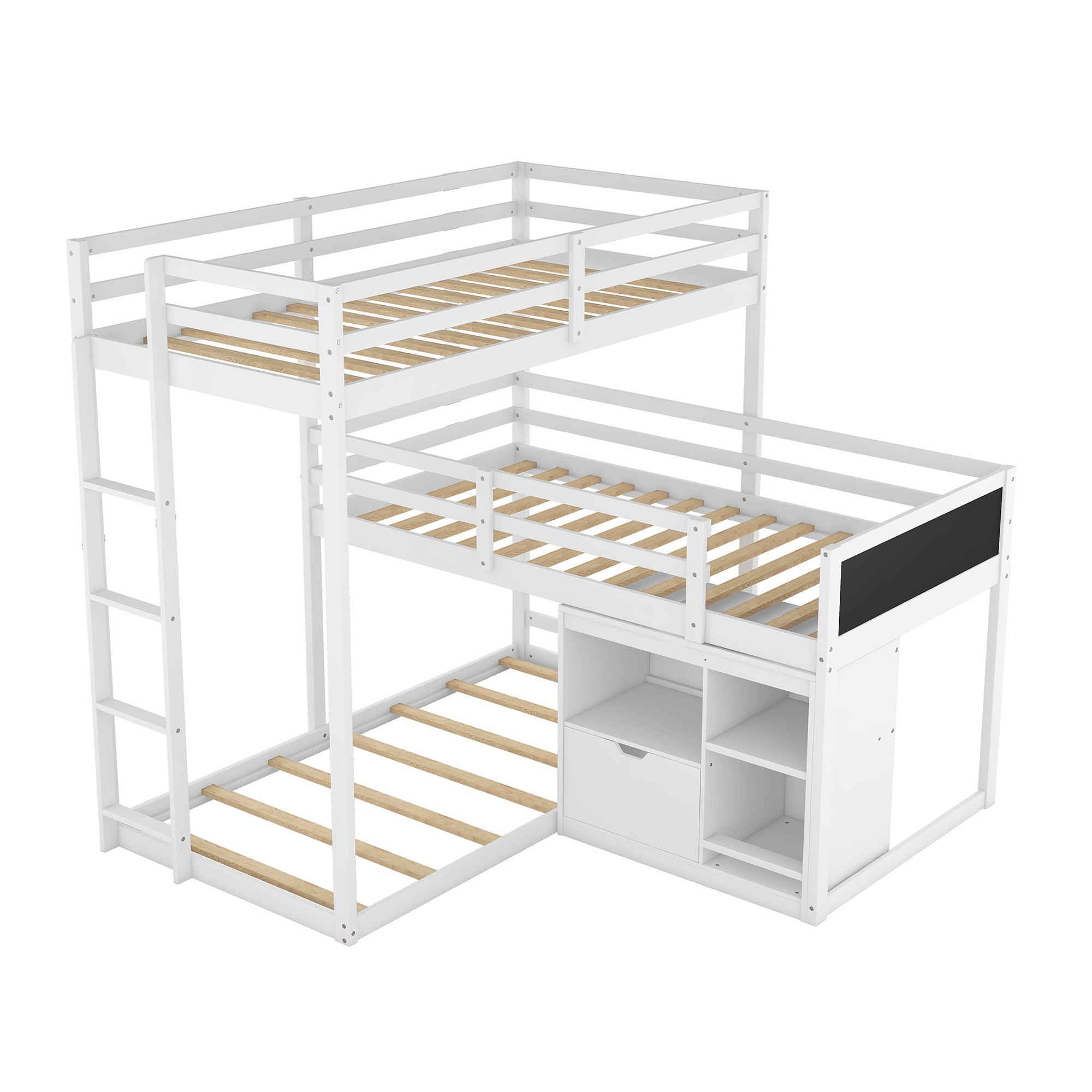 L-shaped Wood Triple Twin Size Bunk Bed with Storage Cabinet and Blackboard, Ladder, White