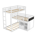 L-shaped Wood Triple Twin Size Bunk Bed with Storage Cabinet and Blackboard, Ladder, White