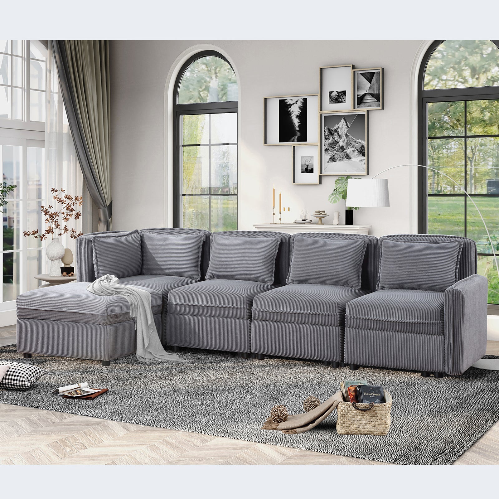 Modular Corduroy Sectional Sofa, Convertible L Shaped Couch Sofa with Storage,  5 Seat Sofa Couch for Living Room, Dark Gray